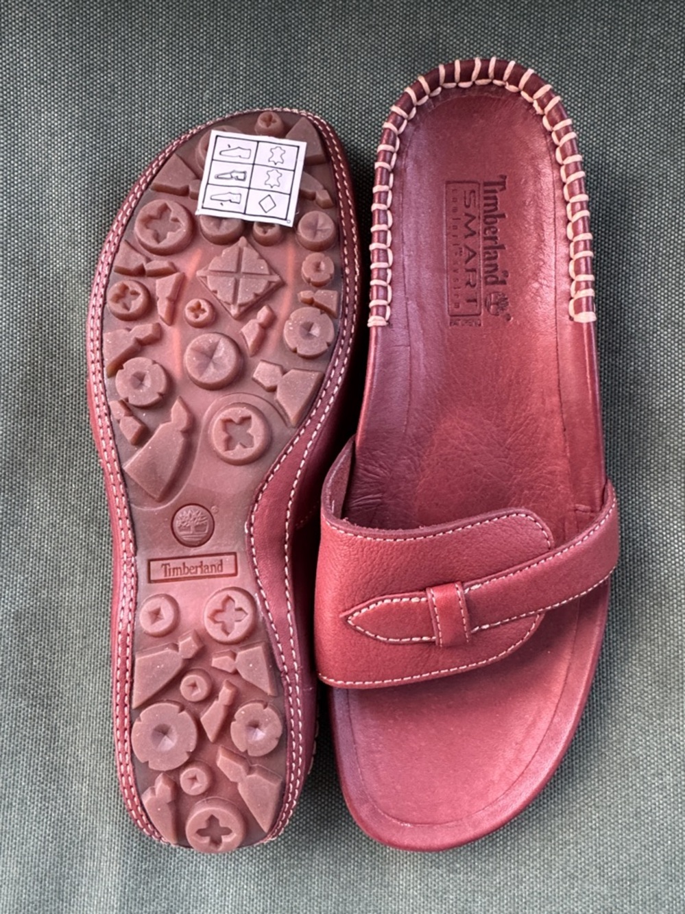 Timberland Women's Burgundy Leather Slide Sandals with Stitched Trim - Picture 12 of 12